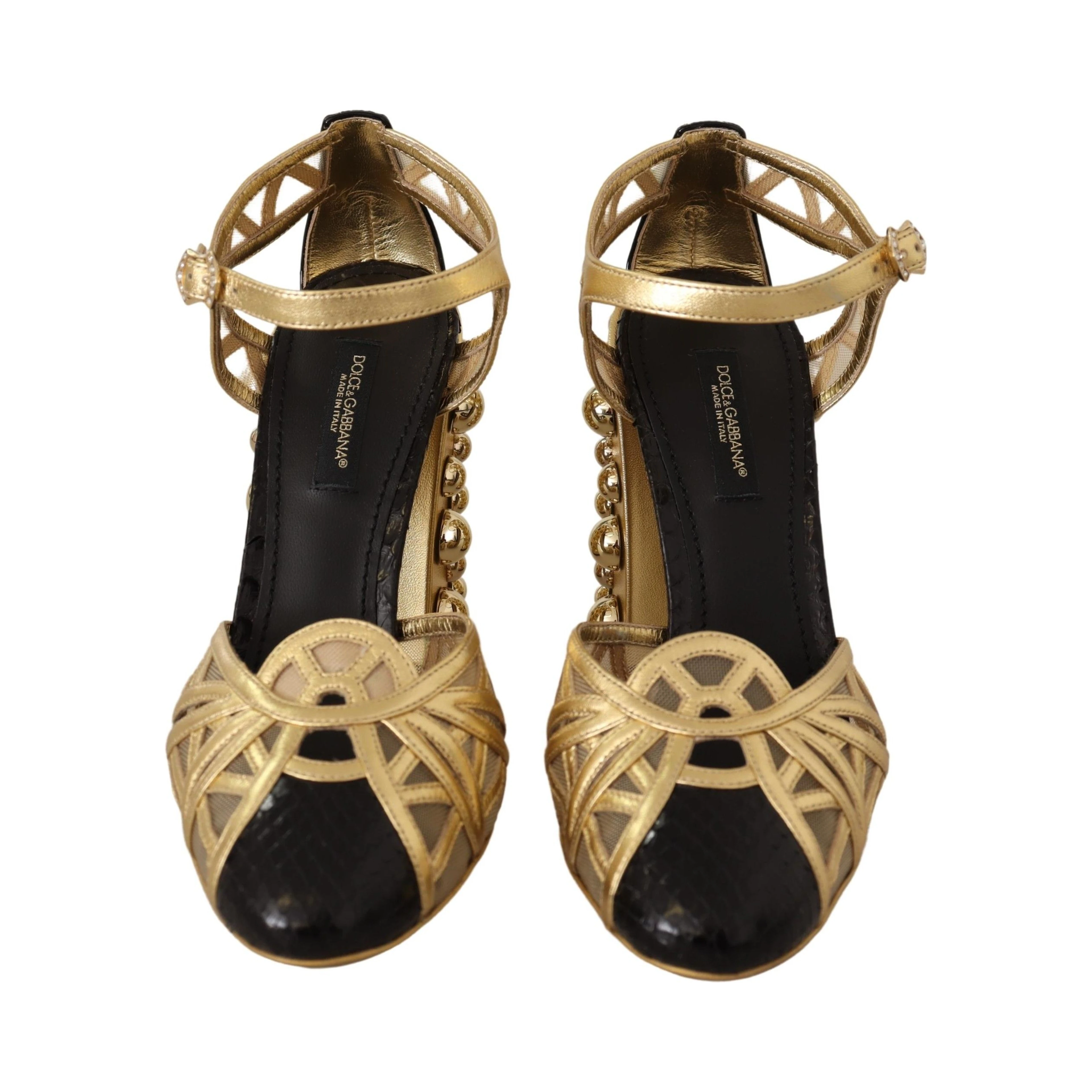 Black Gold Leather Studded Ankle Straps Shoes