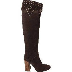 Brown Suede Studded Knee High Shoes Boots