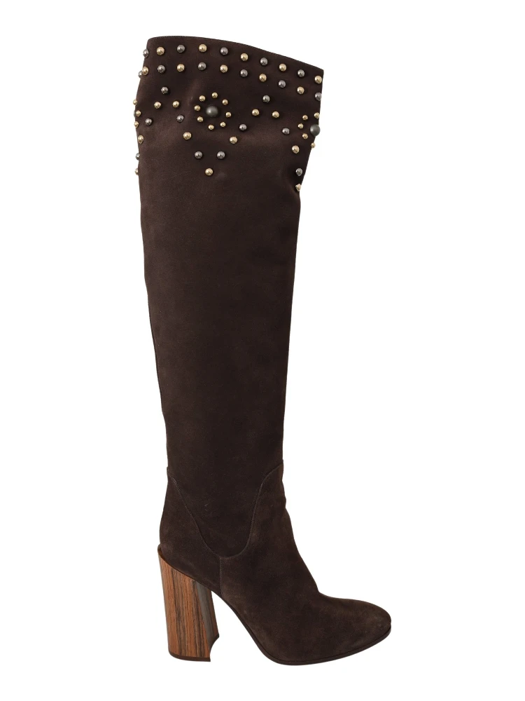 Brown Suede Studded Knee High Shoes Boots