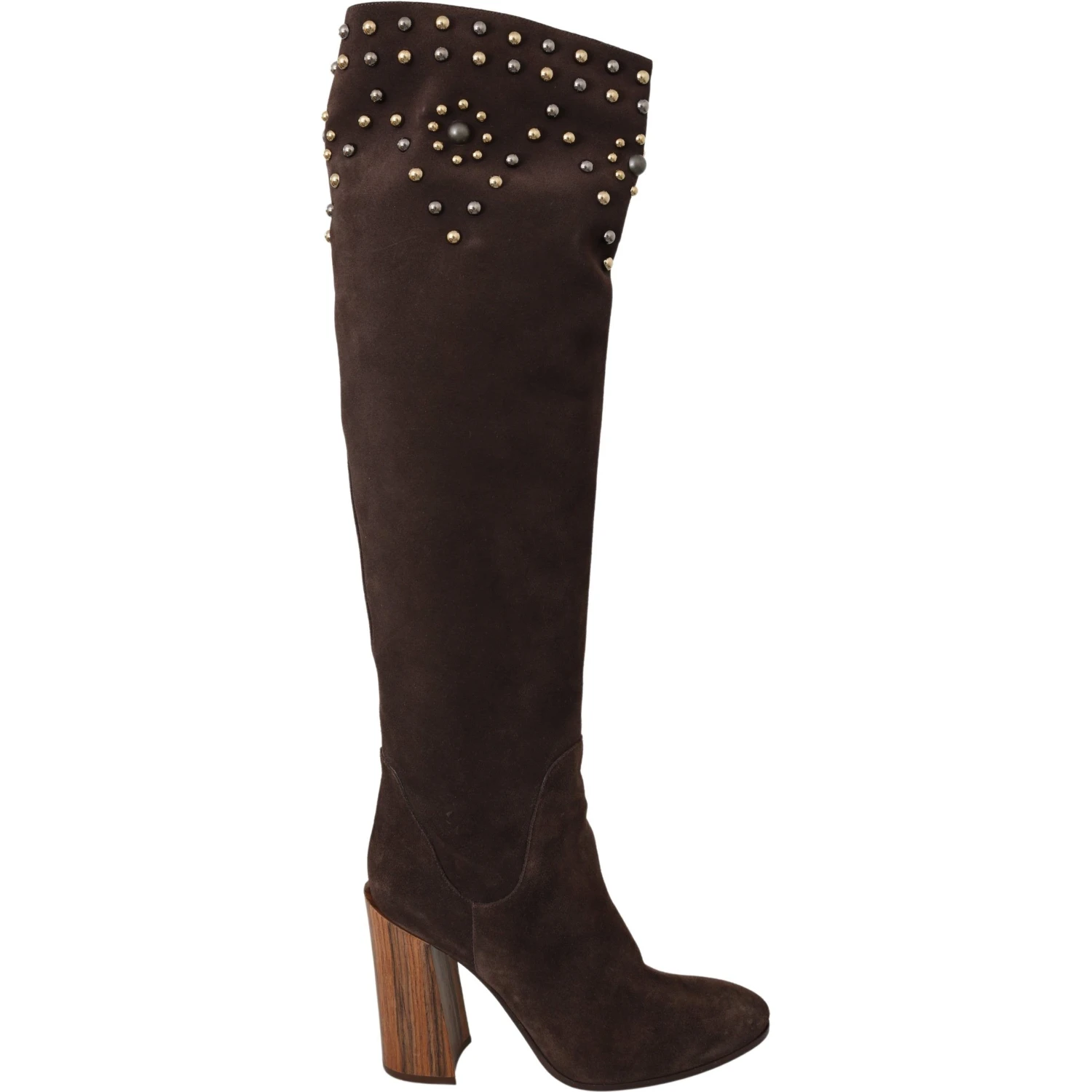 Brown Suede Studded Knee High Shoes Boots
