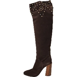 Brown Suede Studded Knee High Shoes Boots