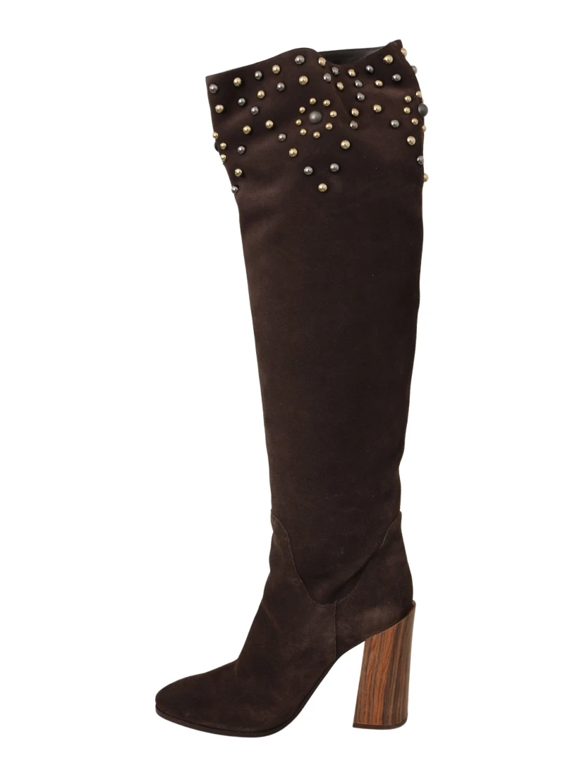 Brown Suede Studded Knee High Shoes Boots