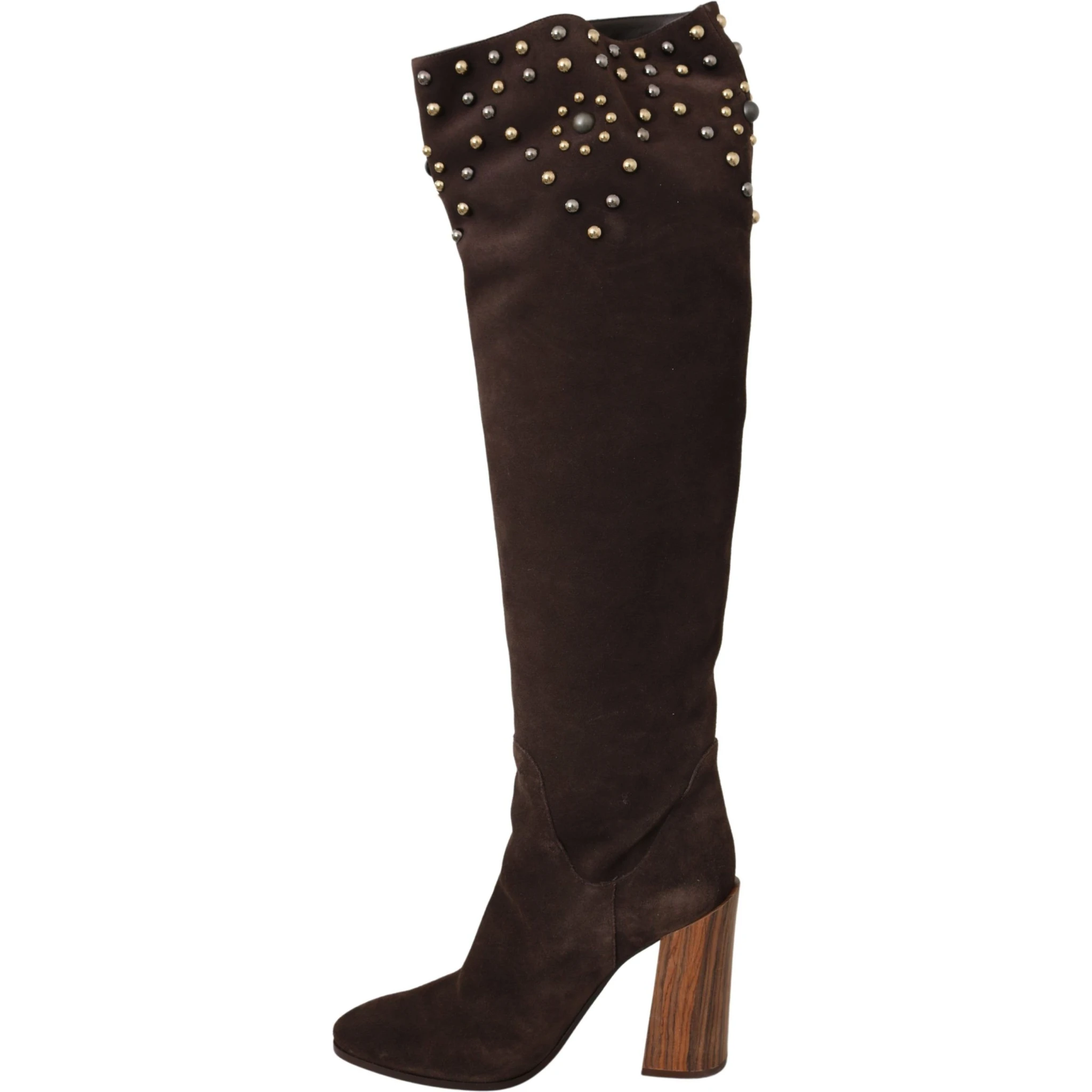 Brown Suede Studded Knee High Shoes Boots