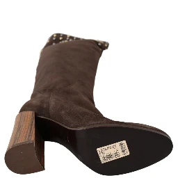 Brown Suede Studded Knee High Shoes Boots