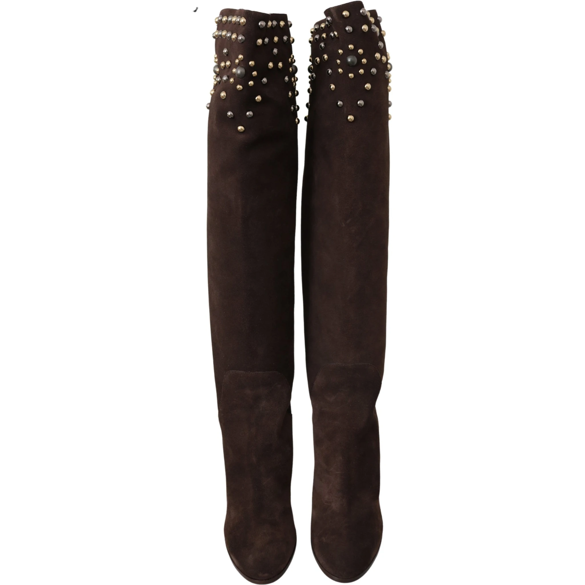 Brown Suede Studded Knee High Shoes Boots