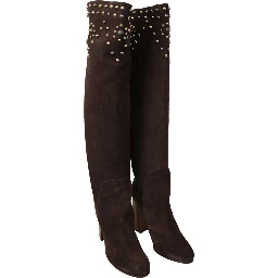 Brown Suede Studded Knee High Shoes Boots