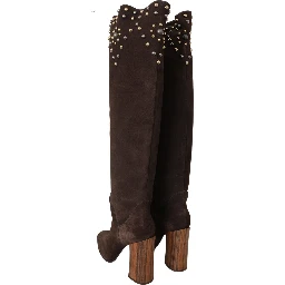 Brown Suede Studded Knee High Shoes Boots