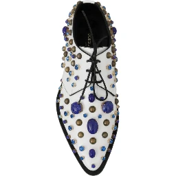White Leather Crystals Dress Broque Shoes