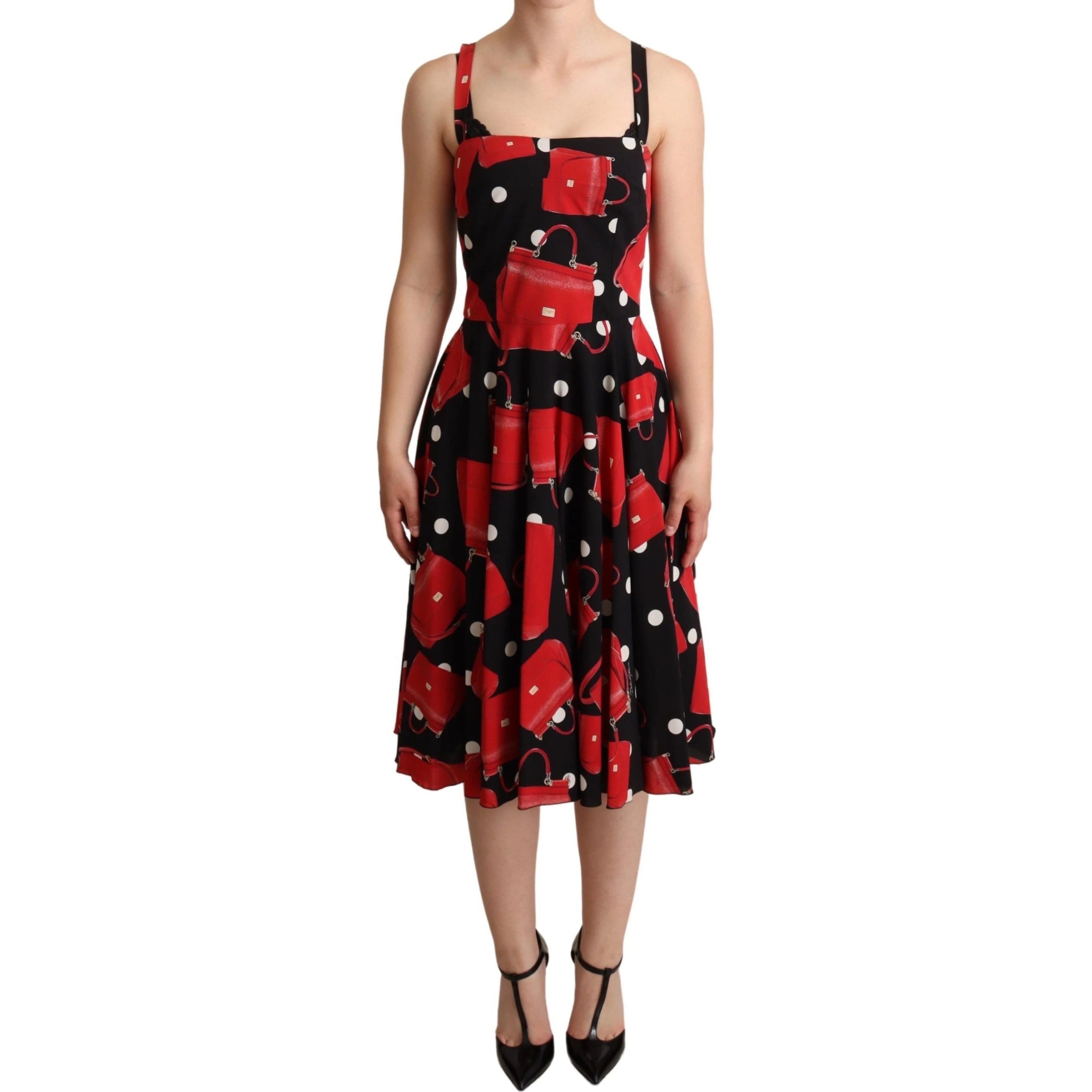 Black Red Bag Print A-line Mid Length Dress