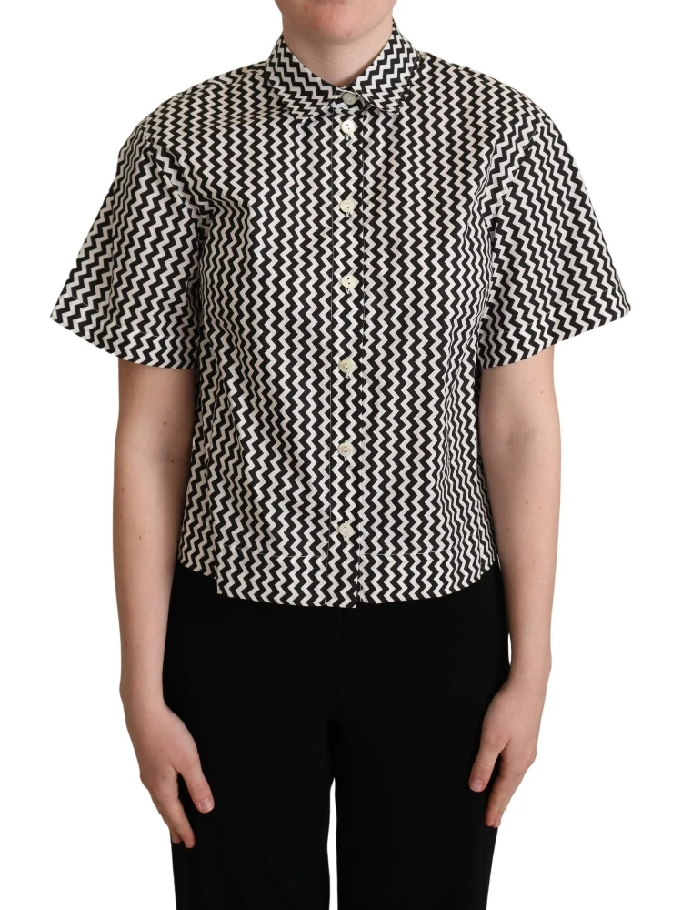 Black White Zigzag Collar Cotton Top Shirt