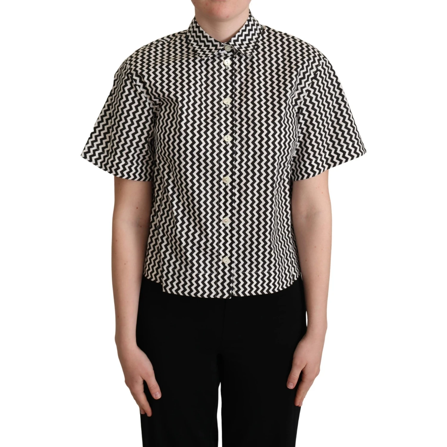 Black White Zigzag Collar Cotton Top Shirt