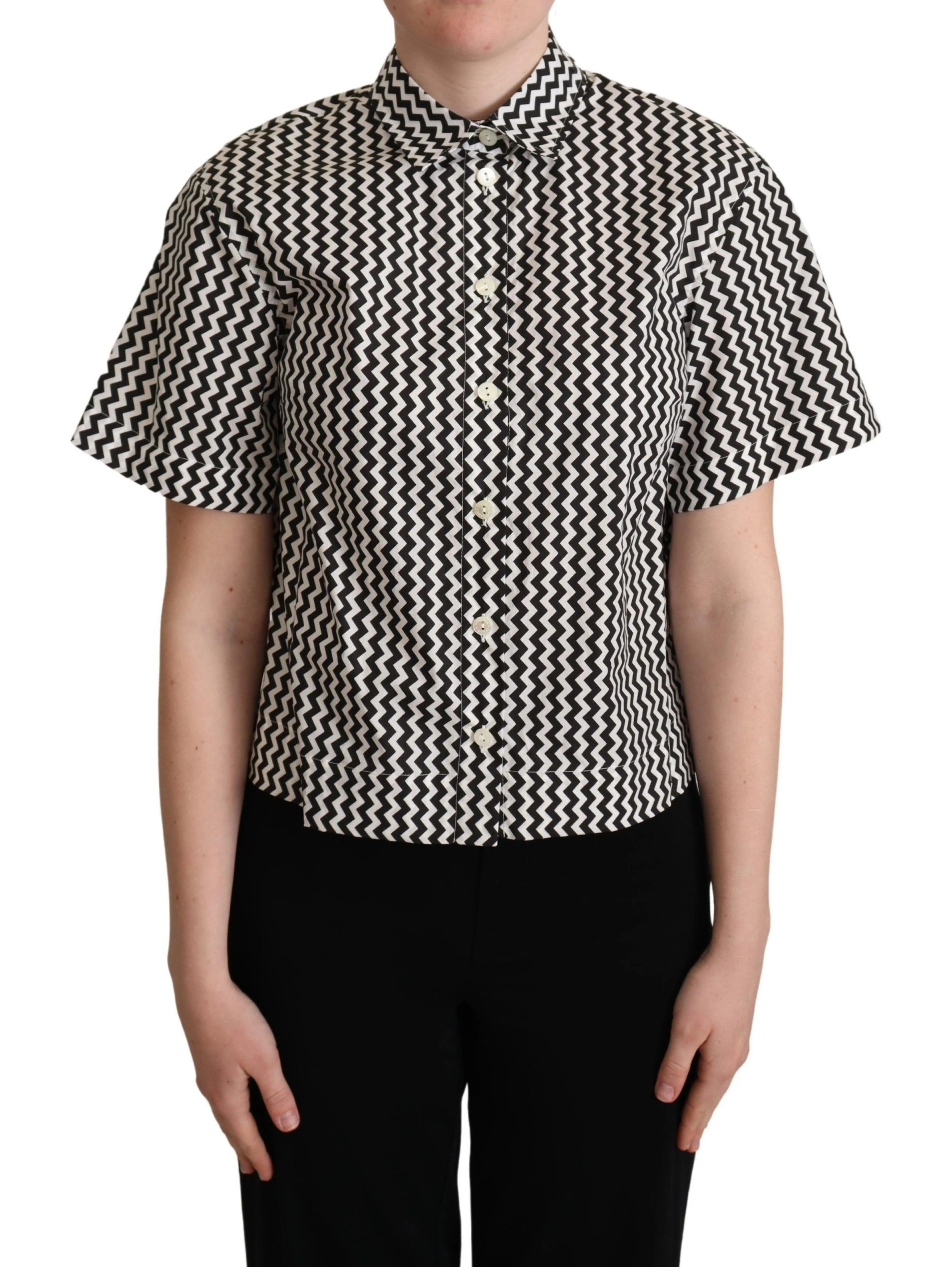 Black White Zigzag Collar Cotton Top Shirt