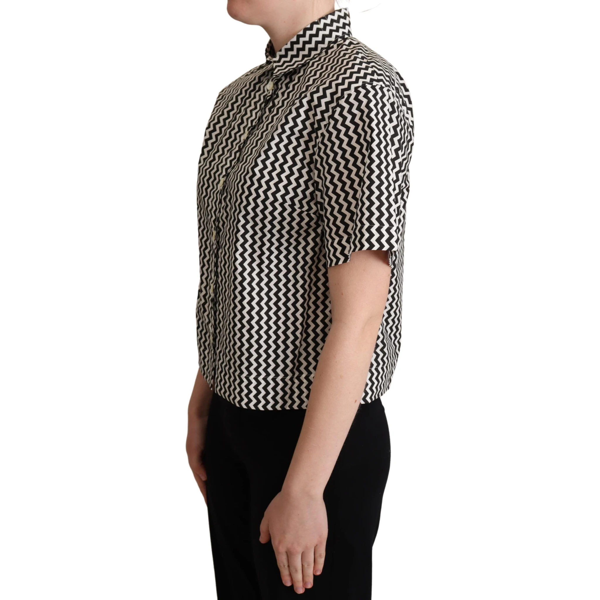 Black White Zigzag Collar Cotton Top Shirt