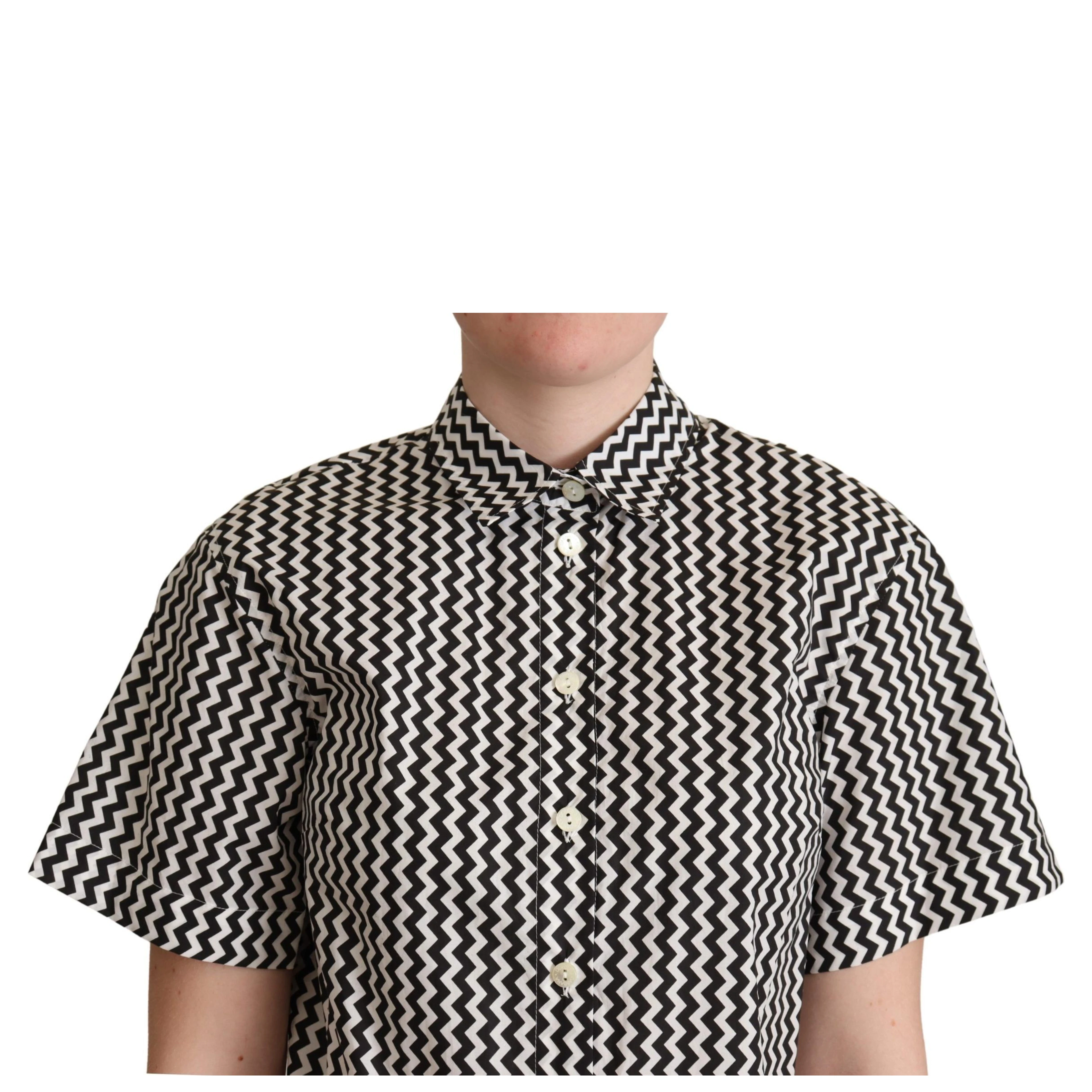Black White Zigzag Collar Cotton Top Shirt