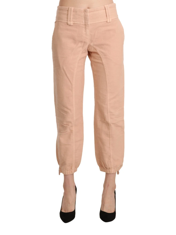 Beige Mid Waist Cropped Cotton Trouser Pants