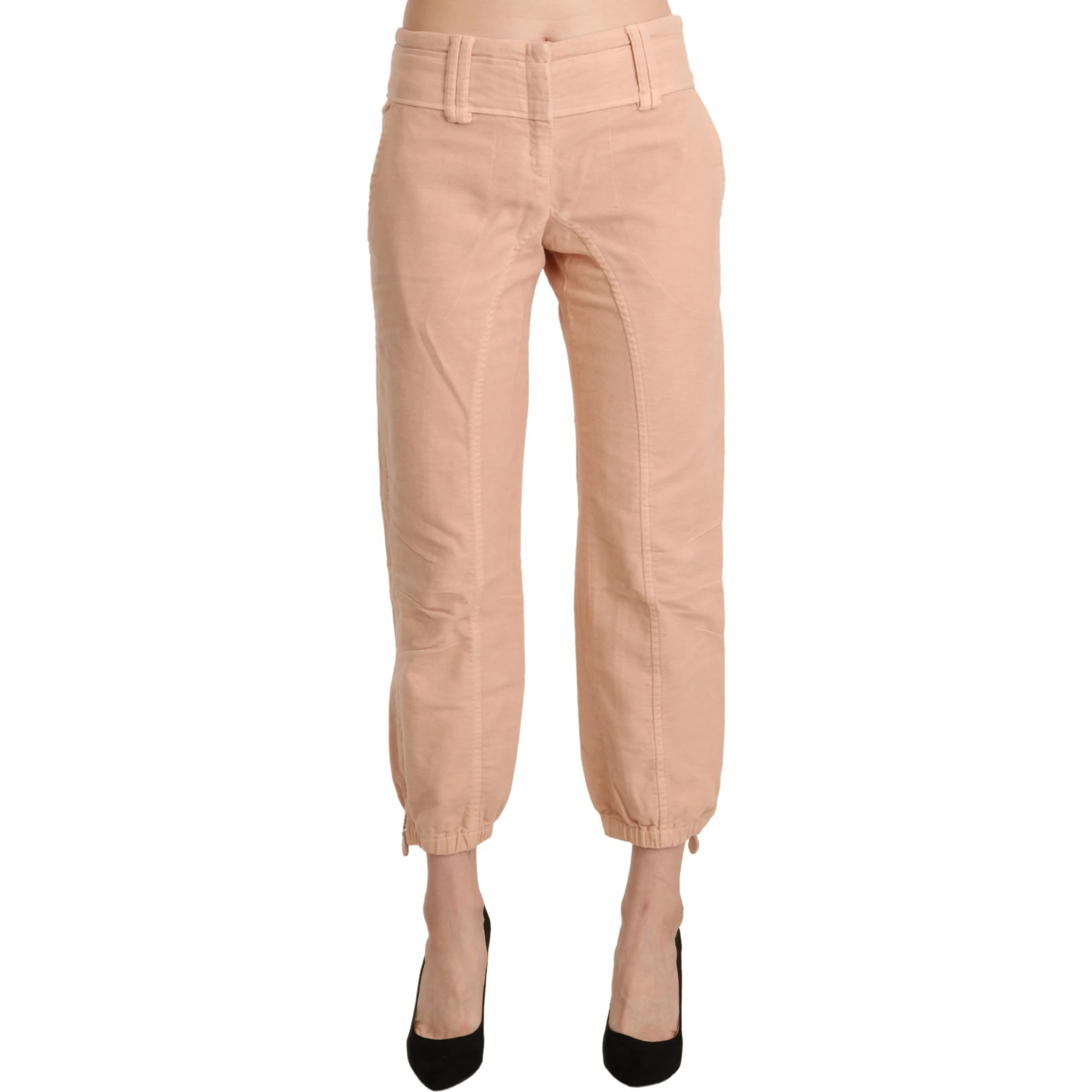 Beige Mid Waist Cropped Cotton Trouser Pants
