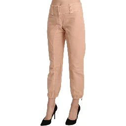 Beige Mid Waist Cropped Cotton Trouser Pants