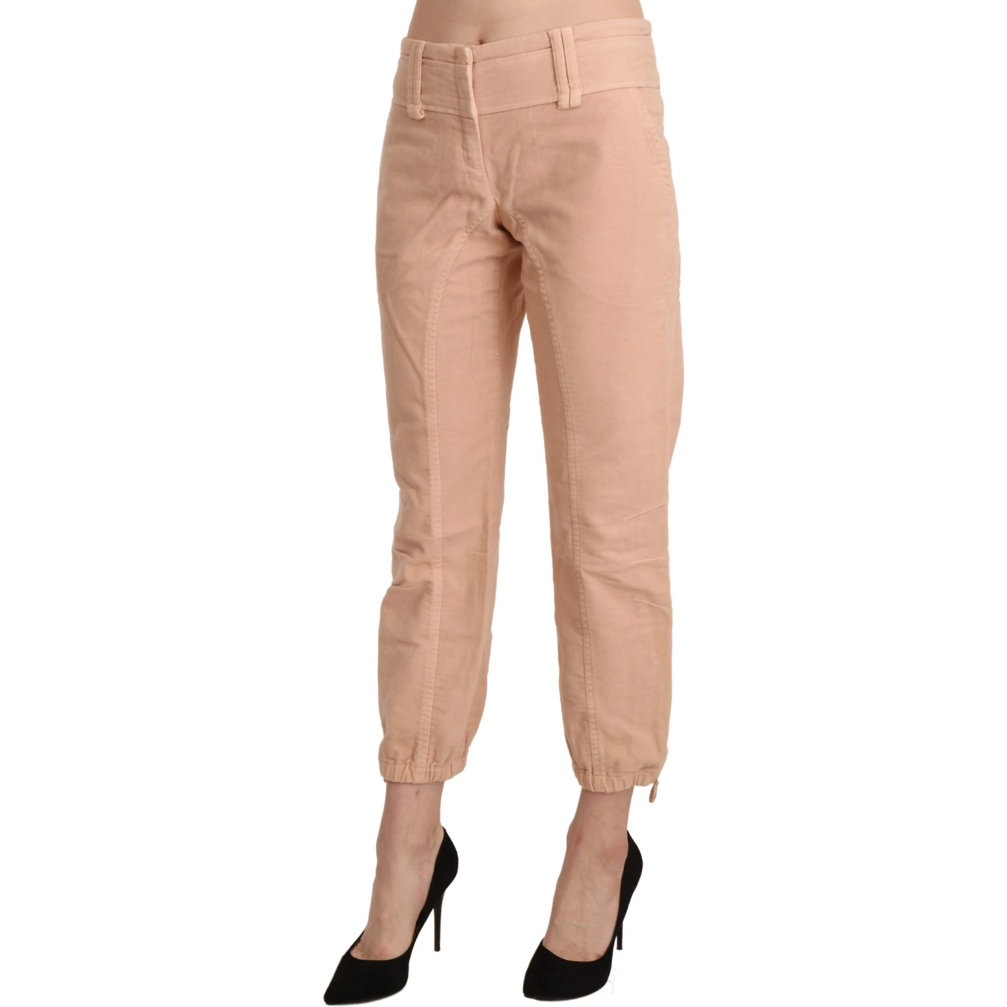 Beige Mid Waist Cropped Cotton Trouser Pants