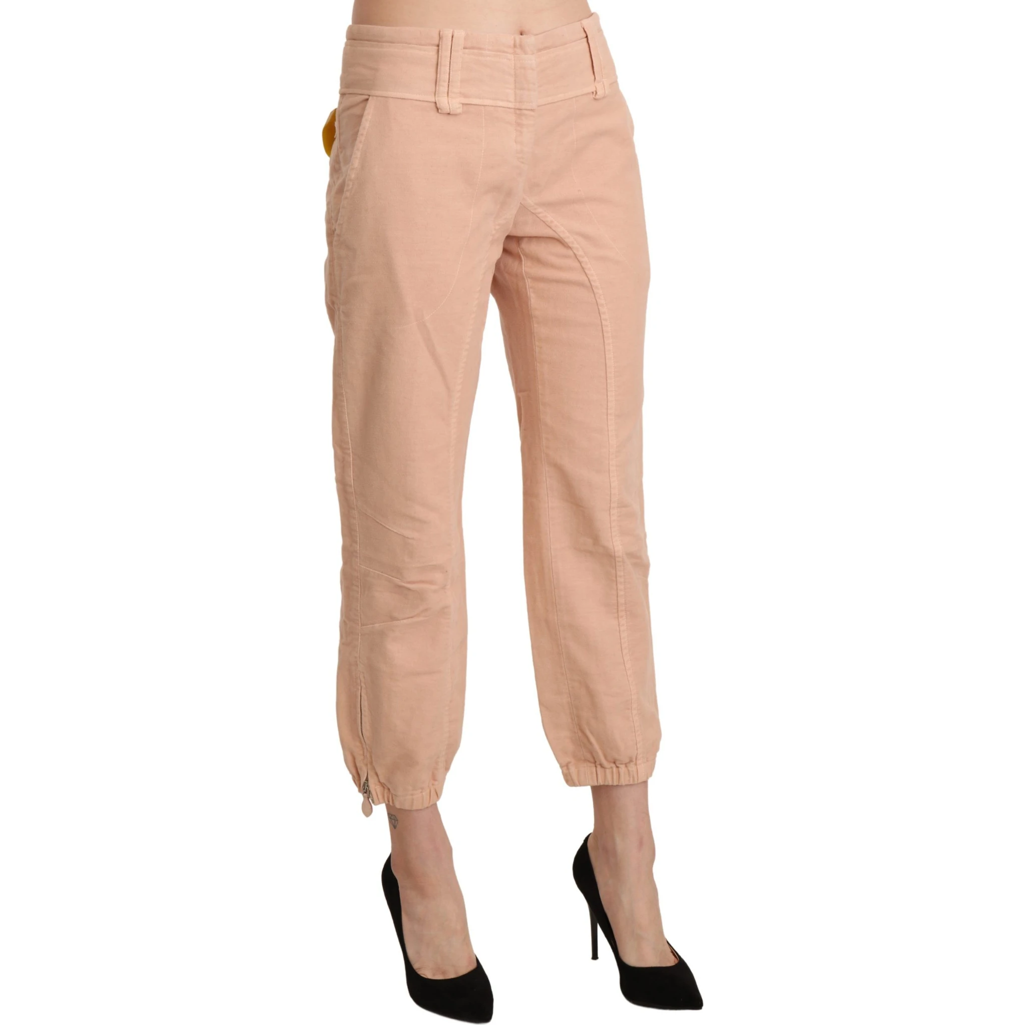 Beige Mid Waist Cropped Cotton Trouser Pants