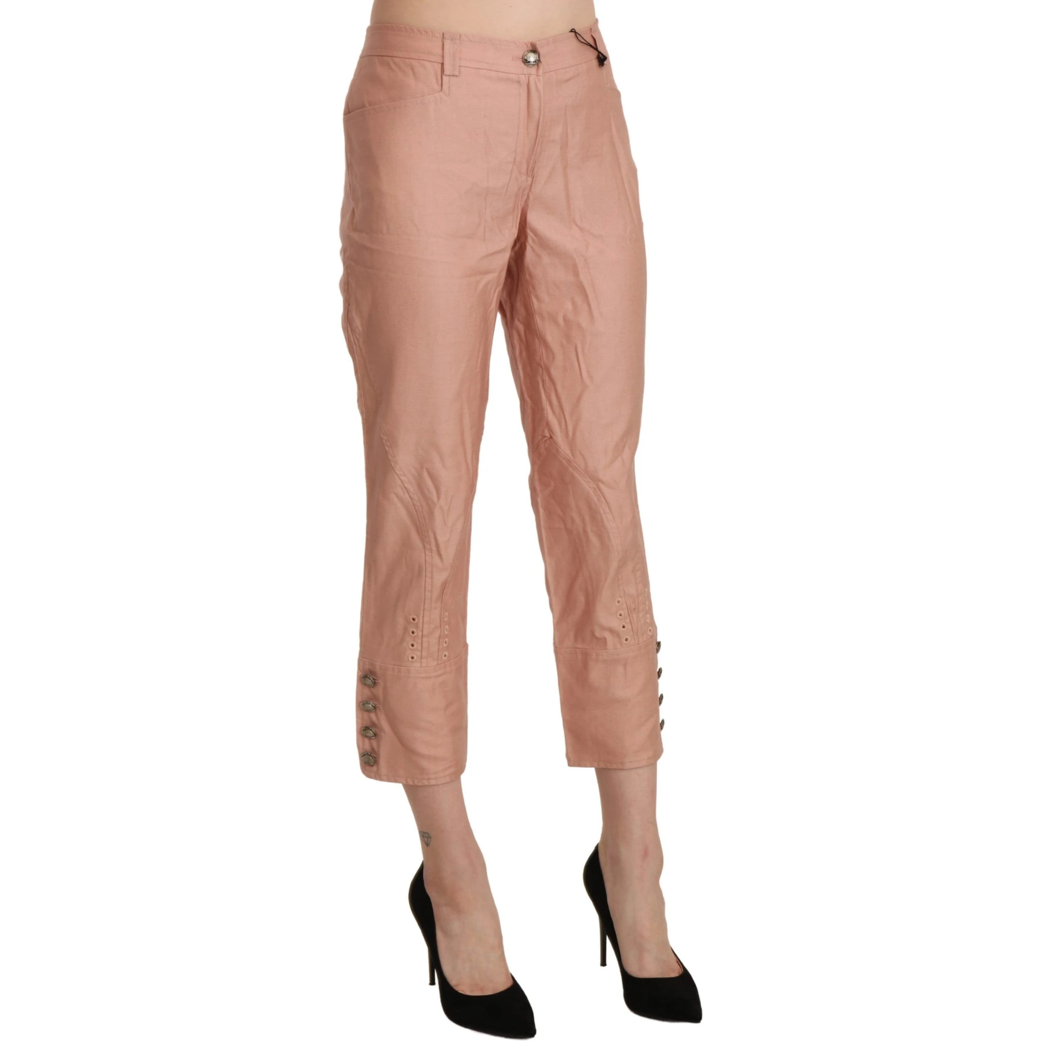 Cotton Pink High Waist Cropped Trouser Pants