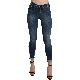 Blue Washed High Waist Skinny Cropped Cotton Jeans