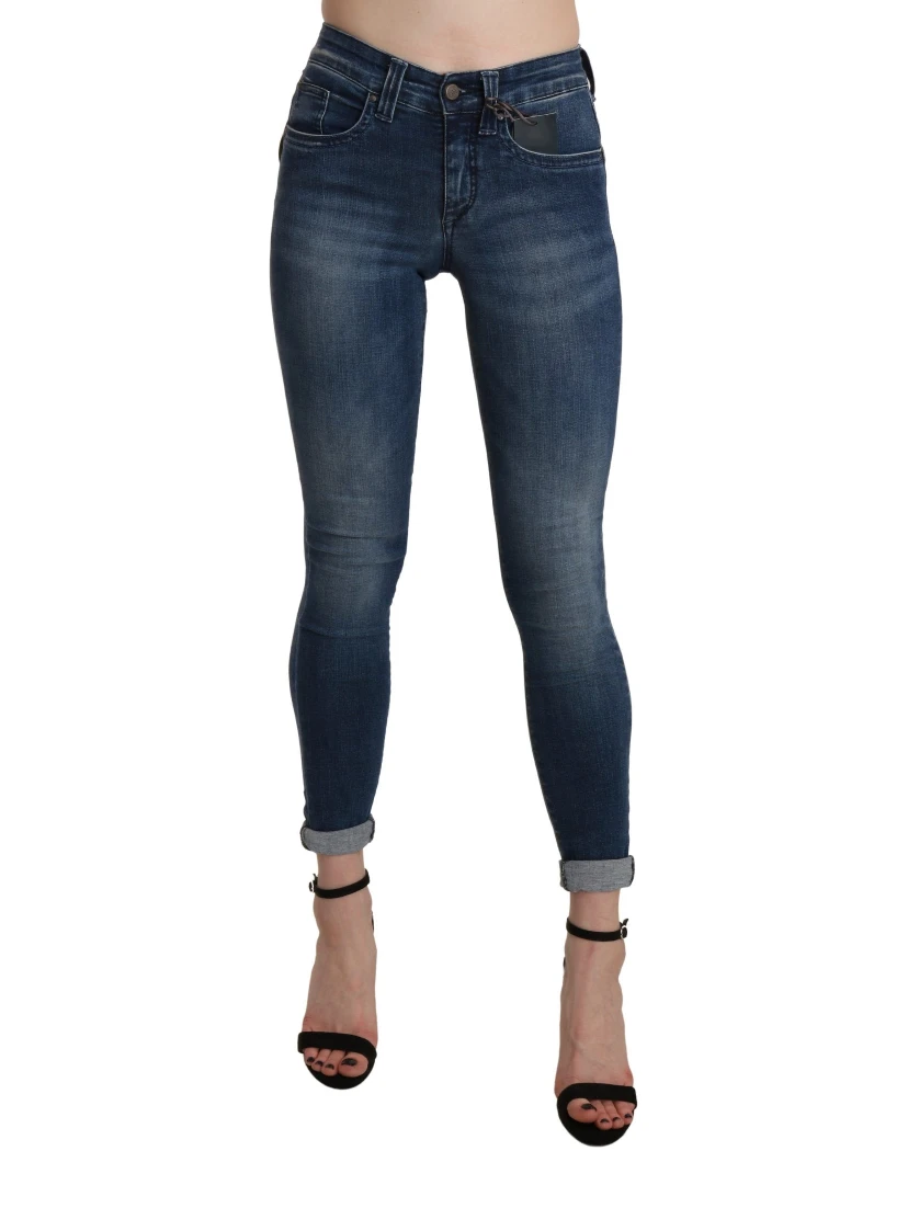 Blue Washed High Waist Skinny Cropped Cotton Jeans