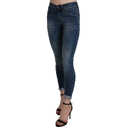 Blue Washed High Waist Skinny Cropped Cotton Jeans