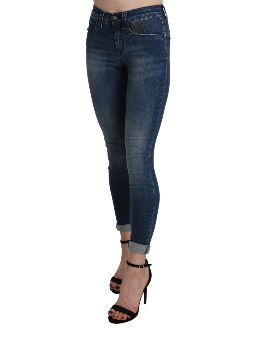 Blue Washed High Waist Skinny Cropped Cotton Jeans