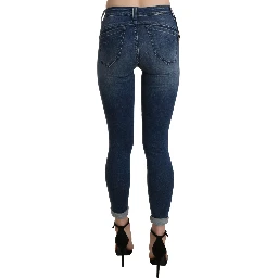 Blue Washed High Waist Skinny Cropped Cotton Jeans