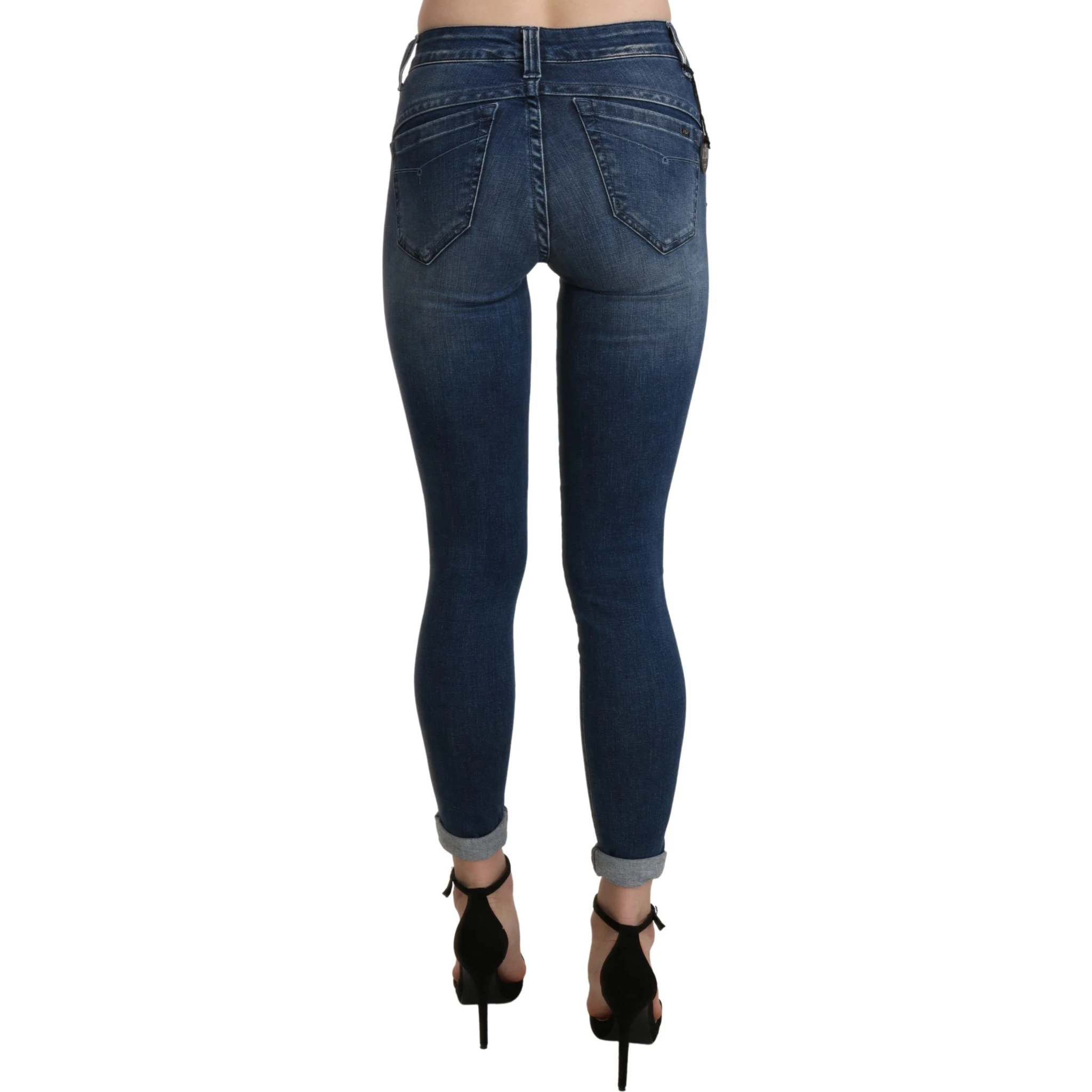Blue Washed High Waist Skinny Cropped Cotton Jeans
