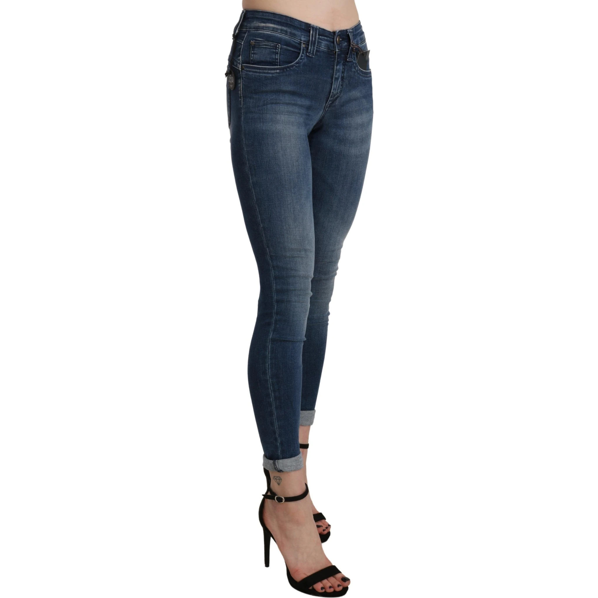 Blue Washed High Waist Skinny Cropped Cotton Jeans