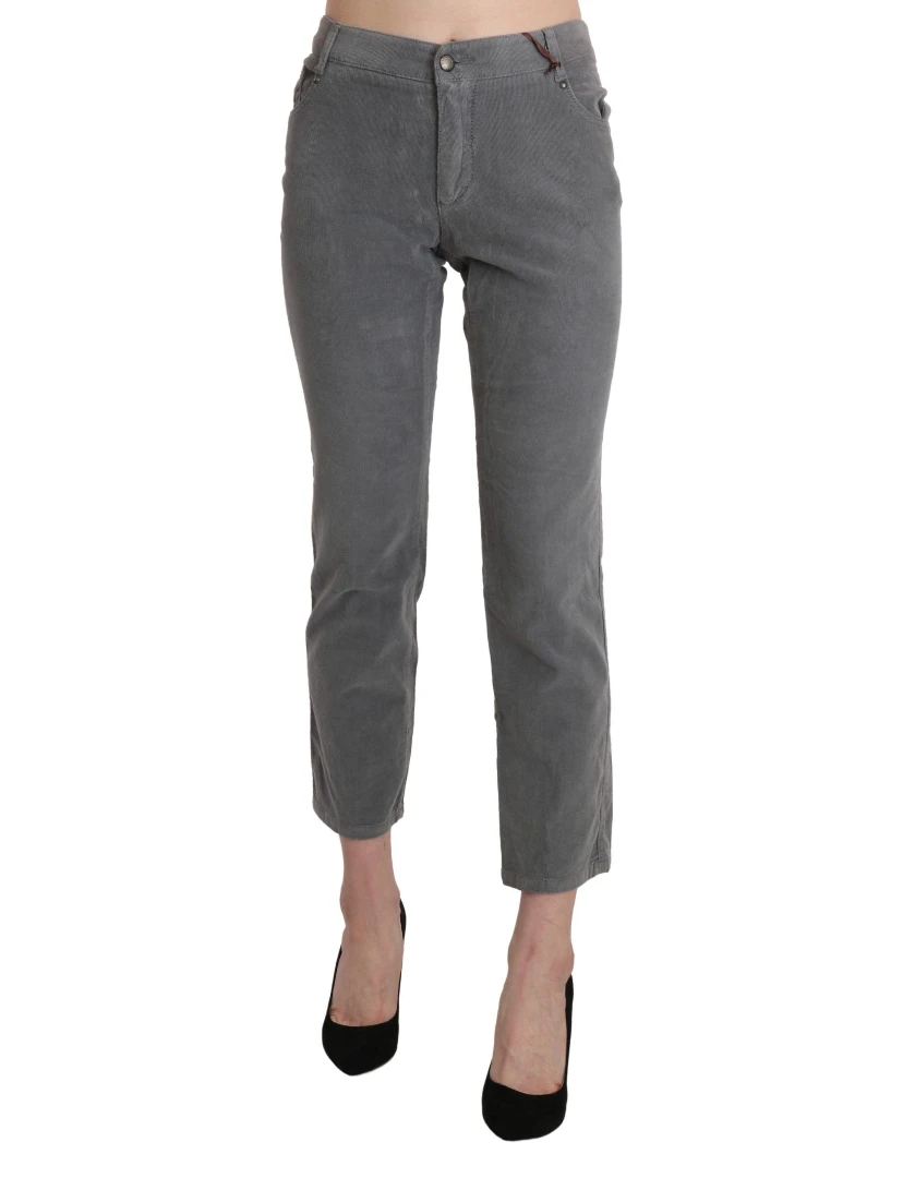 Gray Cropped Cotton Stretch Trouser Pants