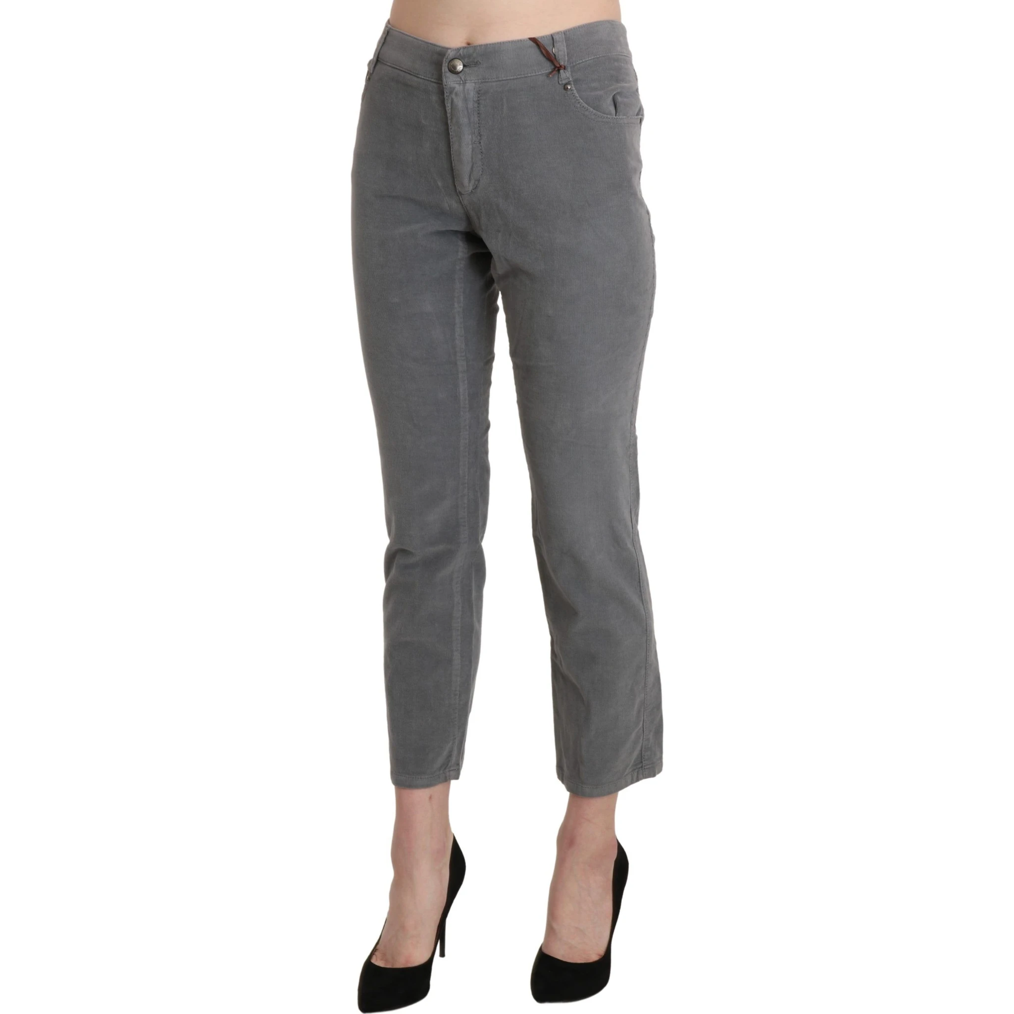 Gray Cropped Cotton Stretch Trouser Pants