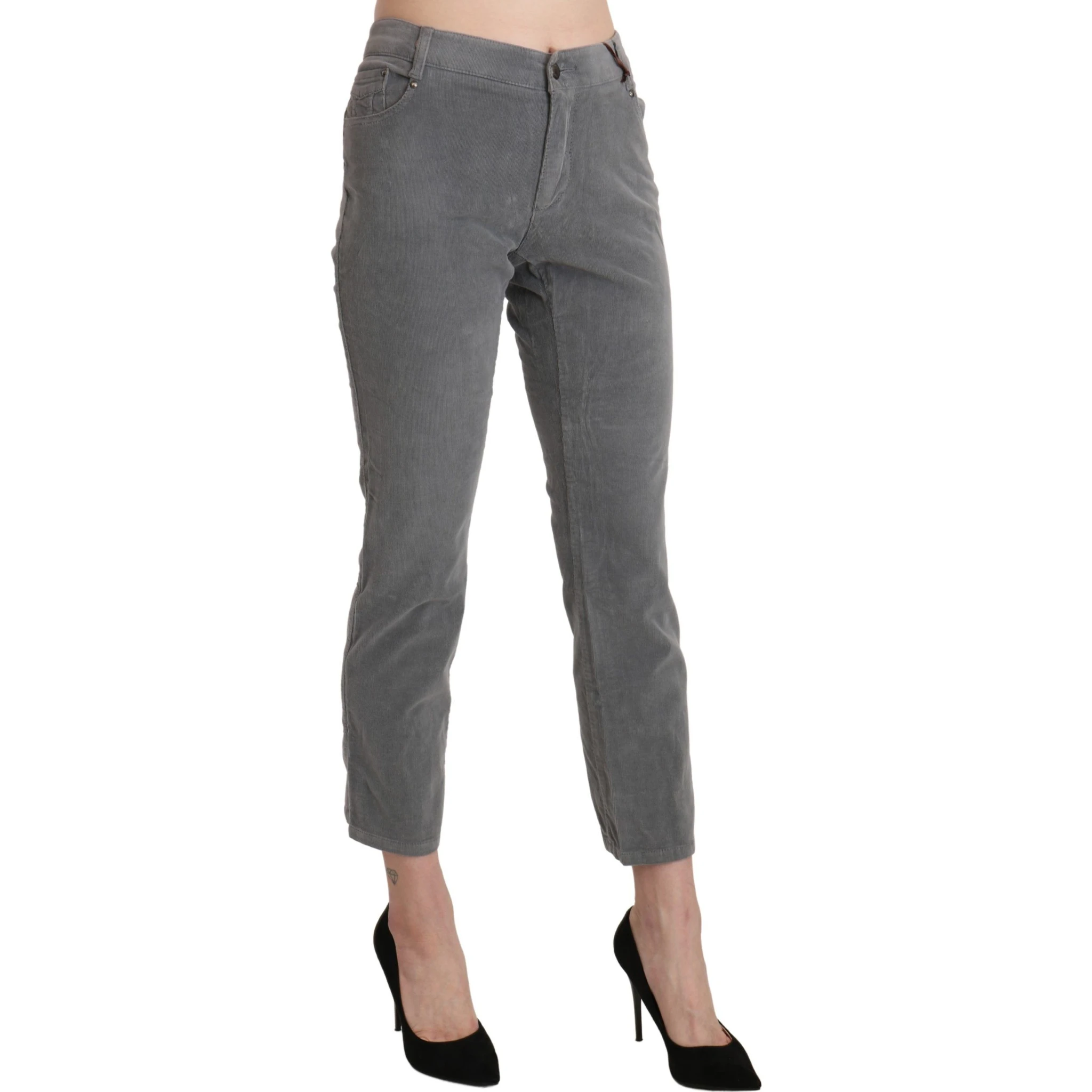 Gray Cropped Cotton Stretch Trouser Pants