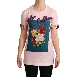 Pink Cotton Floral Roses Crewneck T-shirt
