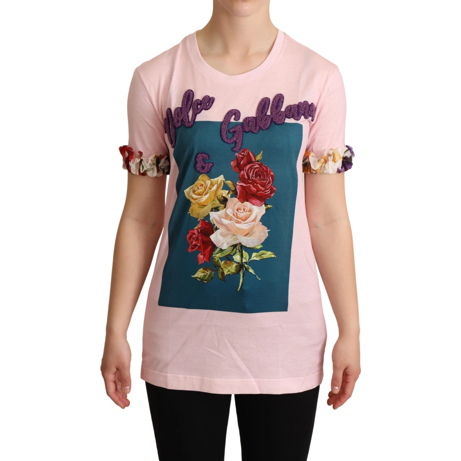 Pink Cotton Floral Roses Crewneck T-shirt