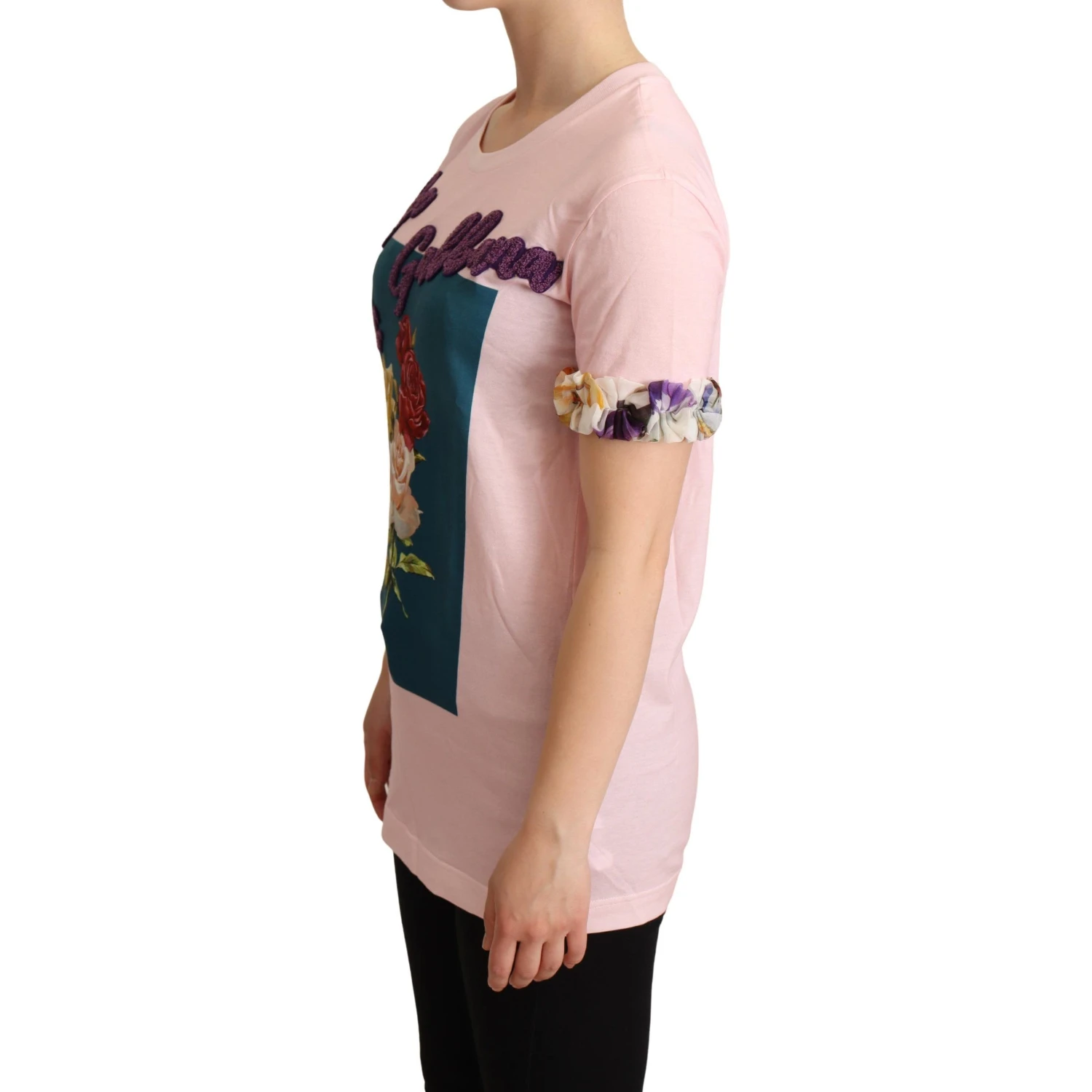 Pink Cotton Floral Roses Crewneck T-shirt