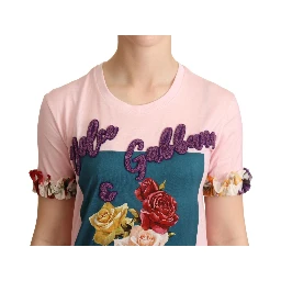 Pink Cotton Floral Roses Crewneck T-shirt