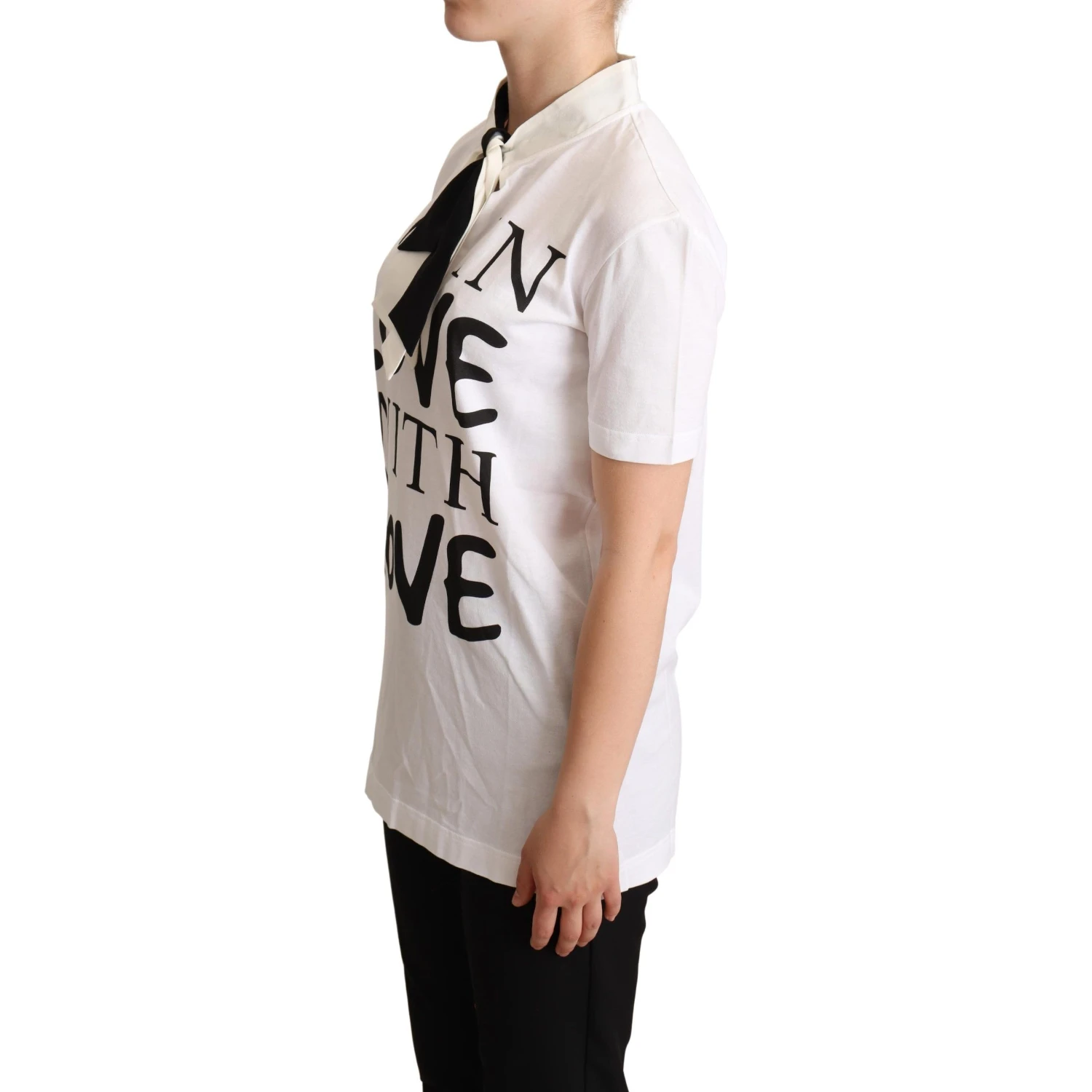 White Cotton Silk Blend Ascot Collar T-shirt