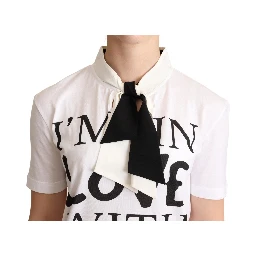 White Cotton Silk Blend Ascot Collar T-shirt
