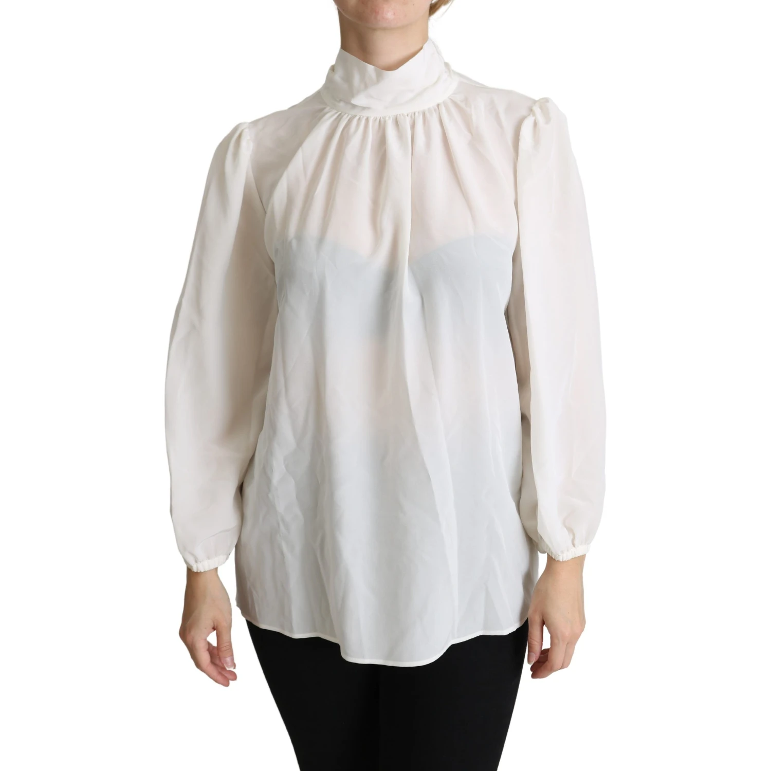 White Silk Pussy Bow Long Sleeved Top Blouse