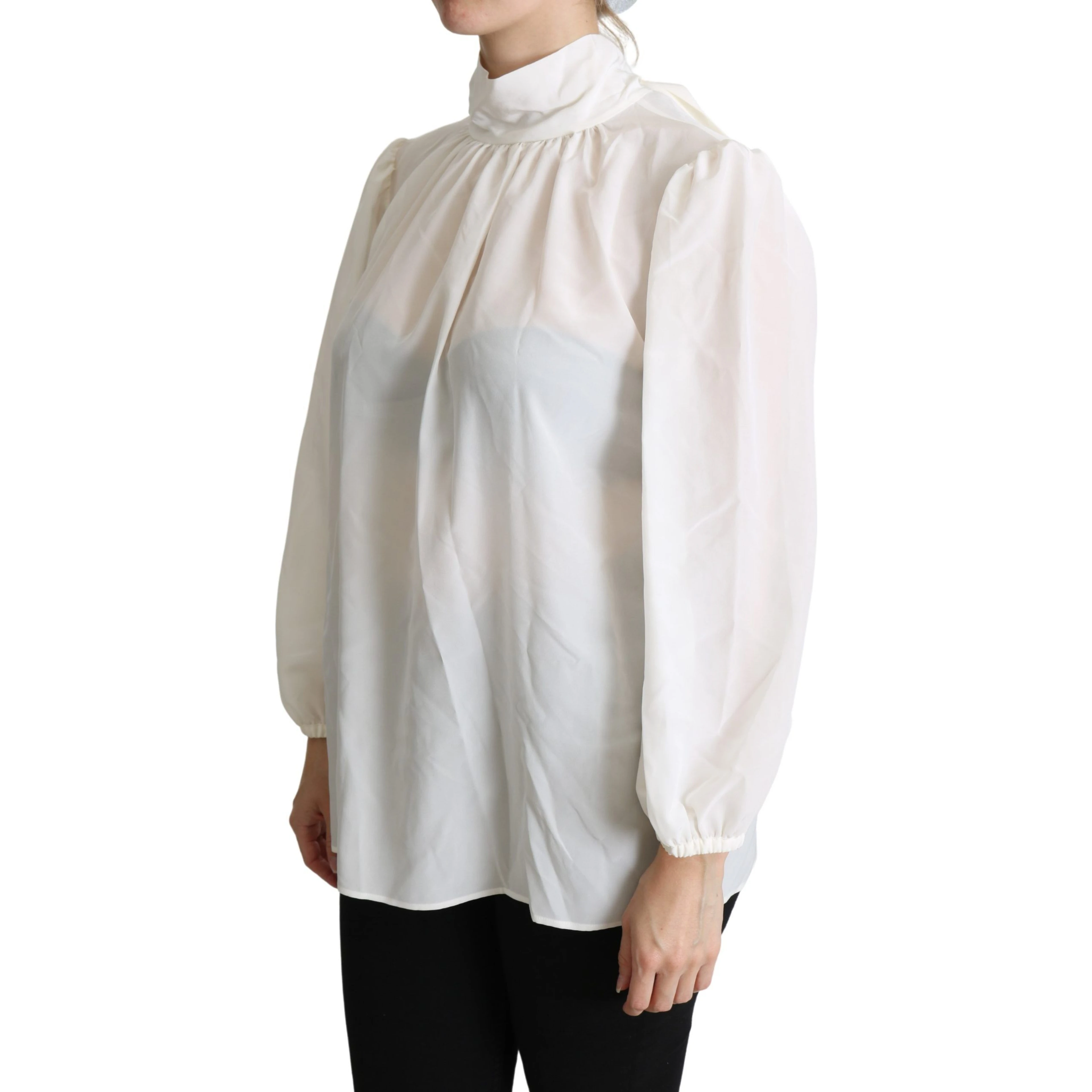 White Silk Pussy Bow Long Sleeved Top Blouse