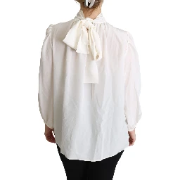 White Silk Pussy Bow Long Sleeved Top Blouse