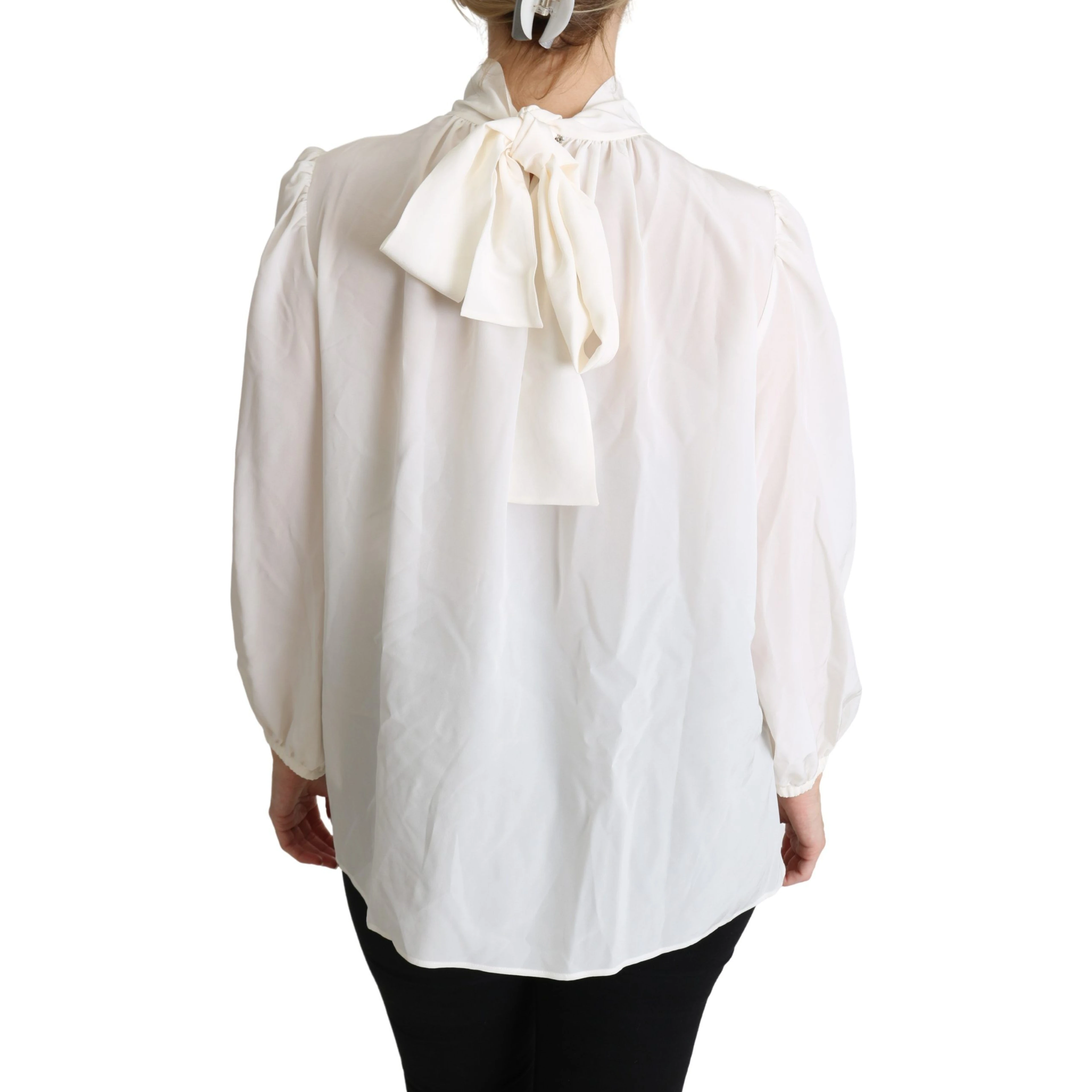 White Silk Pussy Bow Long Sleeved Top Blouse