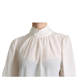 White Silk Pussy Bow Long Sleeved Top Blouse