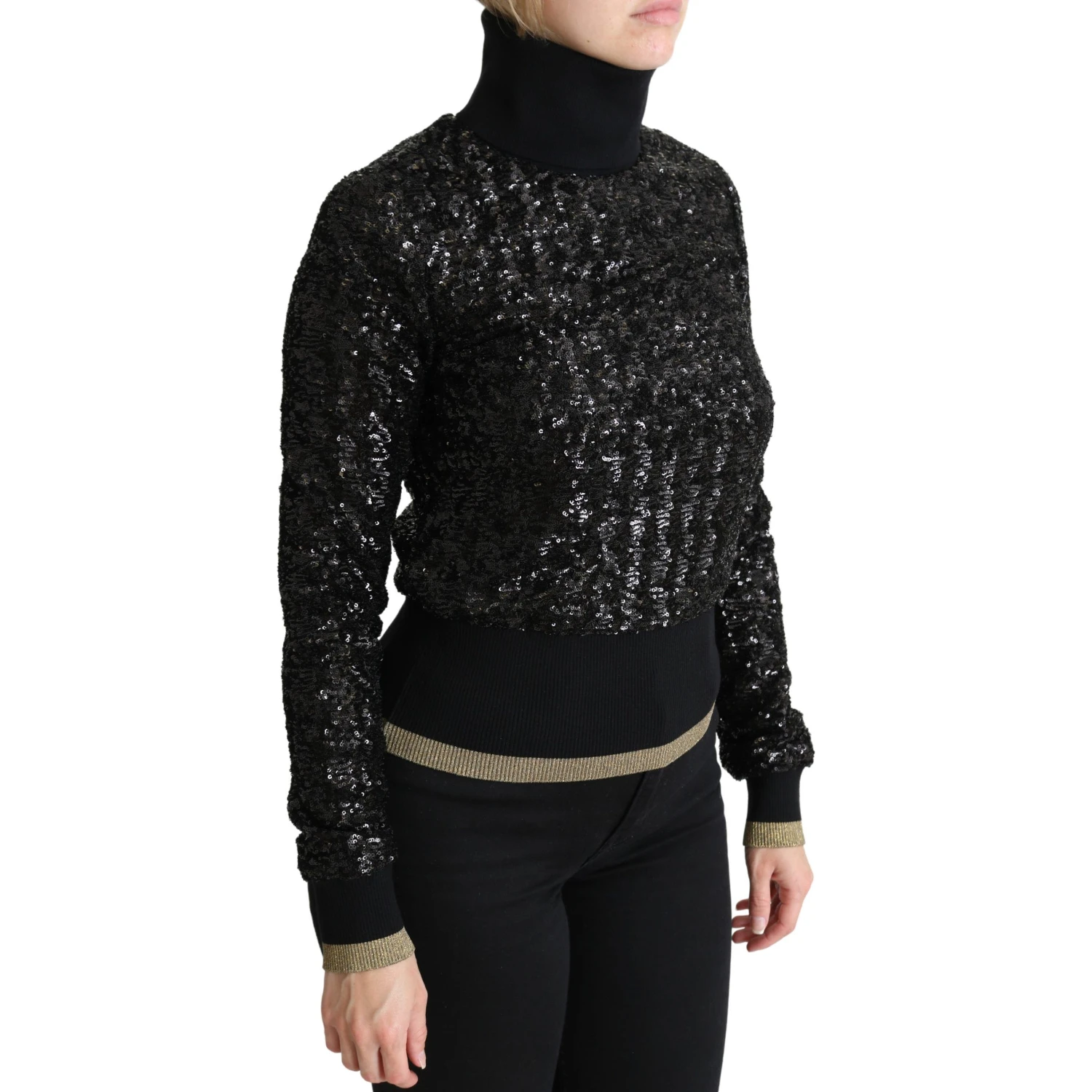 Black Sequined Knitted Turtle Neck Sweater