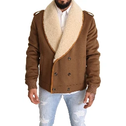 Brown Double Breasted Shearling Coat Jacket