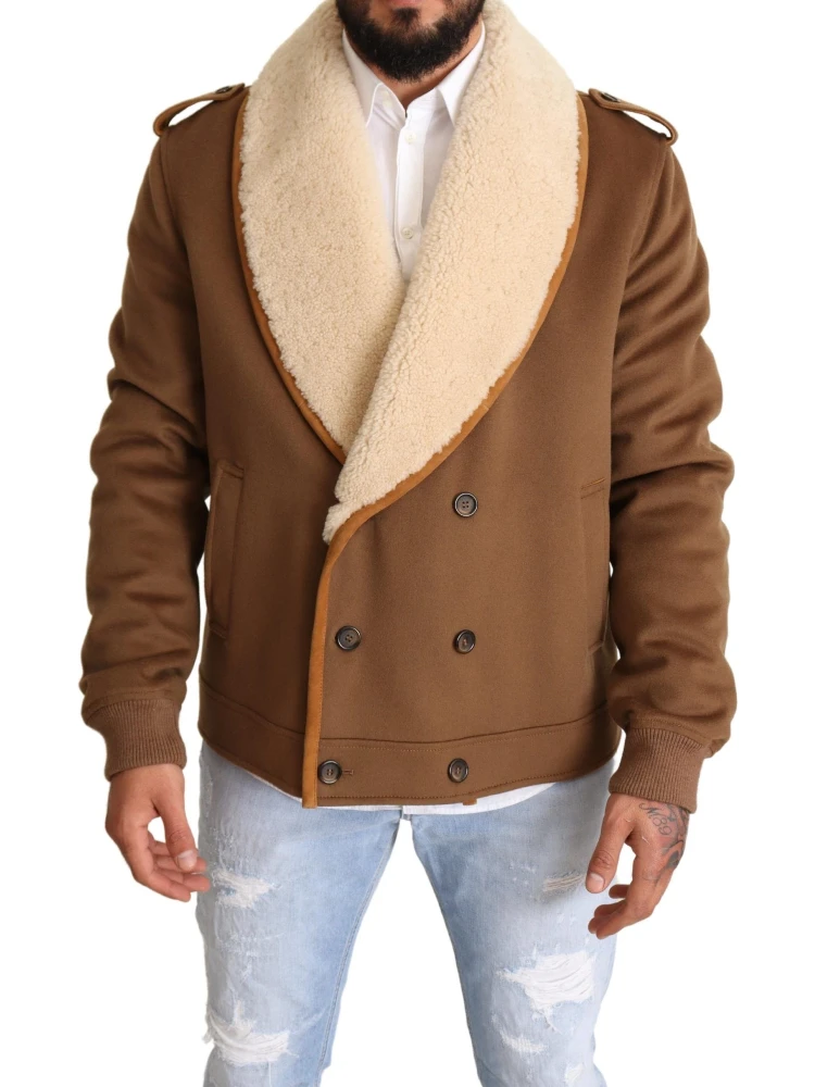 Brown Double Breasted Shearling Coat Jacket