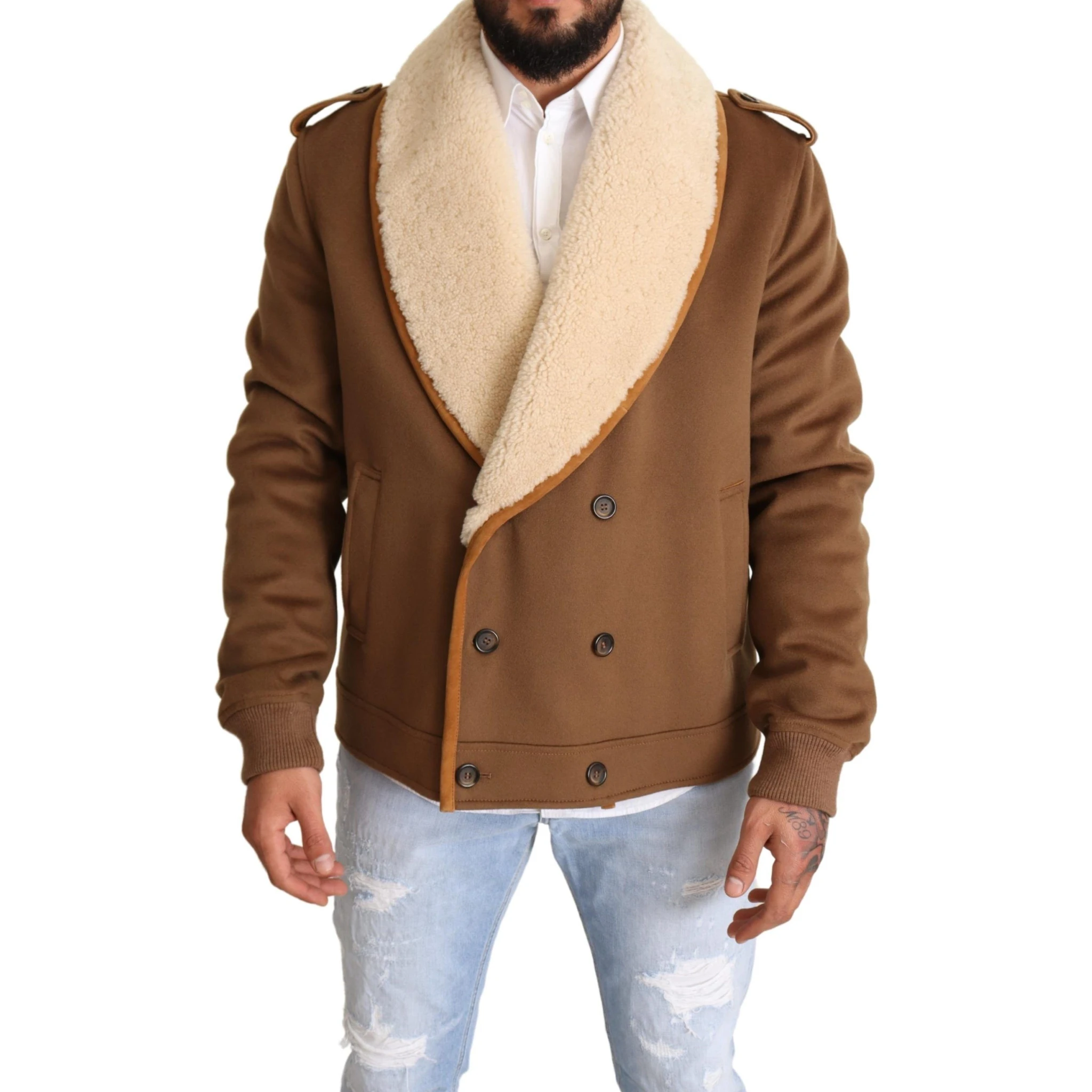 Brown Double Breasted Shearling Coat Jacket