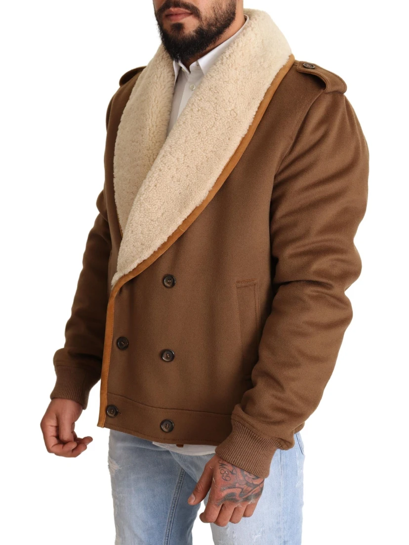 Brown Double Breasted Shearling Coat Jacket